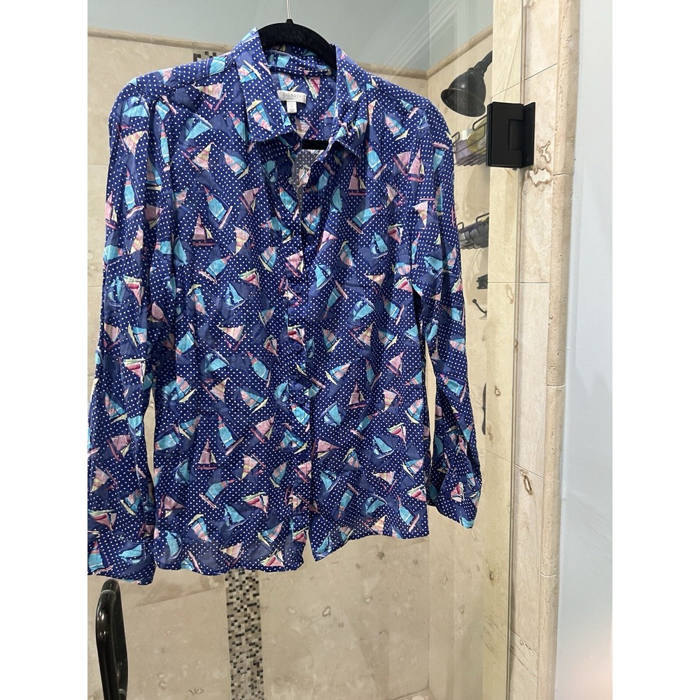 Talbots Womens Blue Sailboat Polka Dot Button Up Shirt Small Long Sleeve Boating